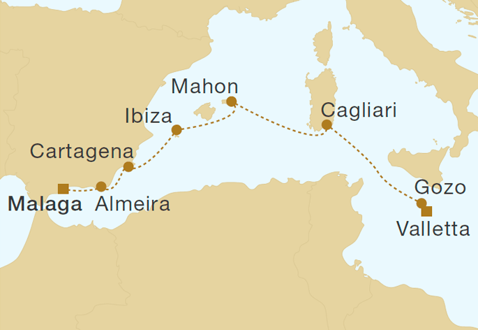 Malta, Balearics & Spain 9 Nights Itinerary Map